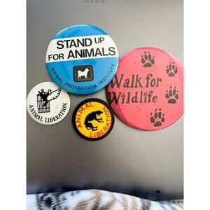 Lot of 4 Animal Rights Pins; 2 Peta, Walk for Wildlife, Animal Protection Inst.
